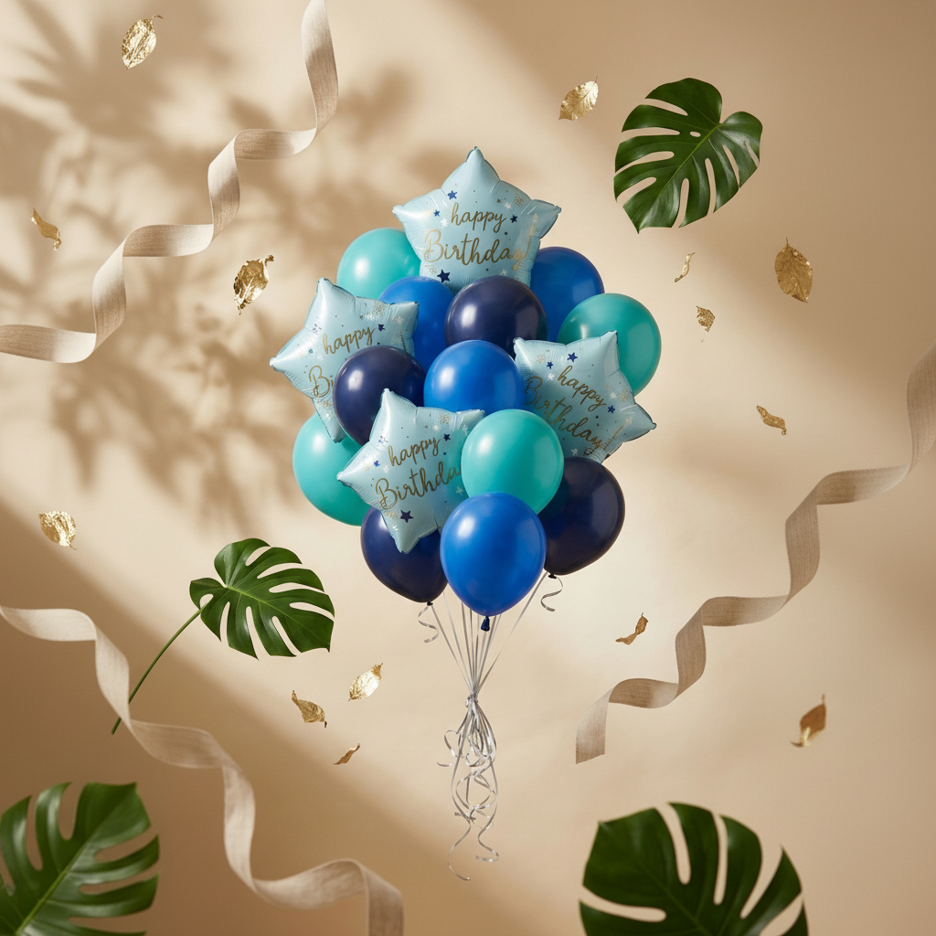Happy Birthday Balloon Decoration 16pcs Kit - 4pcs 18" Star Foil Balloons & 12pcs 12" Blue & Teal Latex Balloons - Premium Helium/Air Grade Party Bouquet