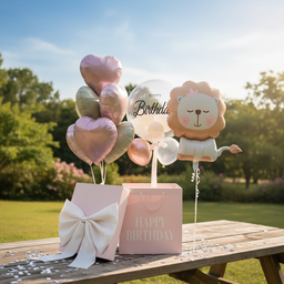 Birthday Decoration Kit - 19pcs Set with 30" Giant Lion Foil Balloon, 20" Bobo Balloon &18" Pastel Heart Balloons - Complete DIY Birthday Decor for Kids, Boys & Girls