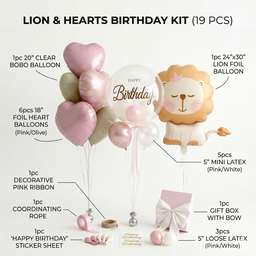 Birthday Decoration Kit - 19pcs Set with 30" Giant Lion Foil Balloon, 20" Bobo Balloon &18" Pastel Heart Balloons - Complete DIY Birthday Decor for Kids, Boys & Girls
