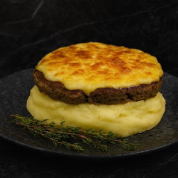 Bistec de carne cortada a cuchillo con queso, sobre puré cremoso de papas
