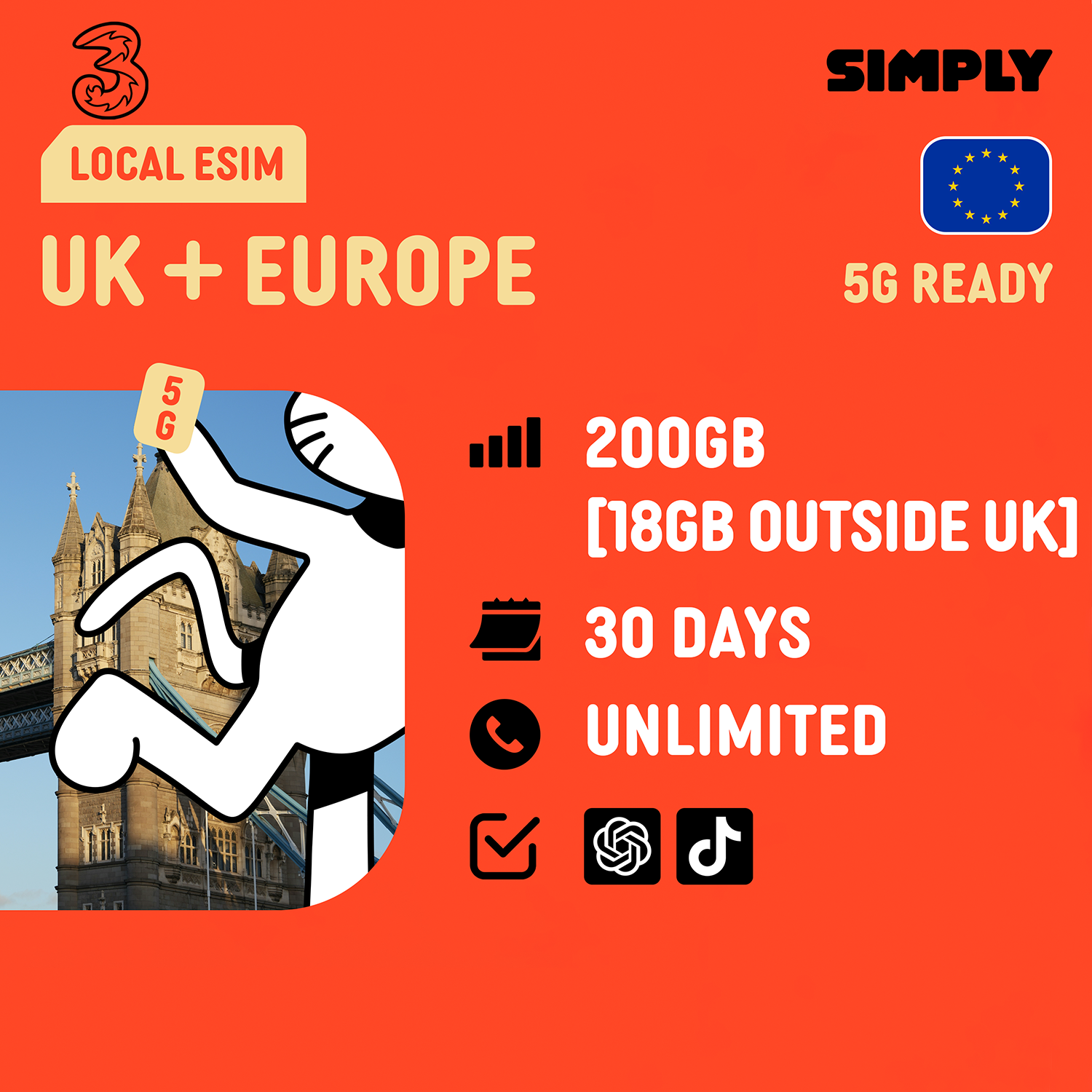 SIMPLY UK + Europe (3UK) Local eSIM | 30 Days - 40GB/100GB/200GB/Unlimited + UK Calls/SMS Up to 3000 Mins_4