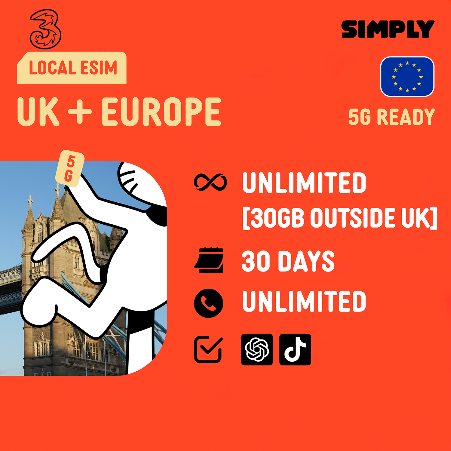 SIMPLY UK + Europe (3UK) Local eSIM | 30 Days - 40GB/100GB/200GB/Unlimited + UK Calls/SMS Up to 3000 Mins_5