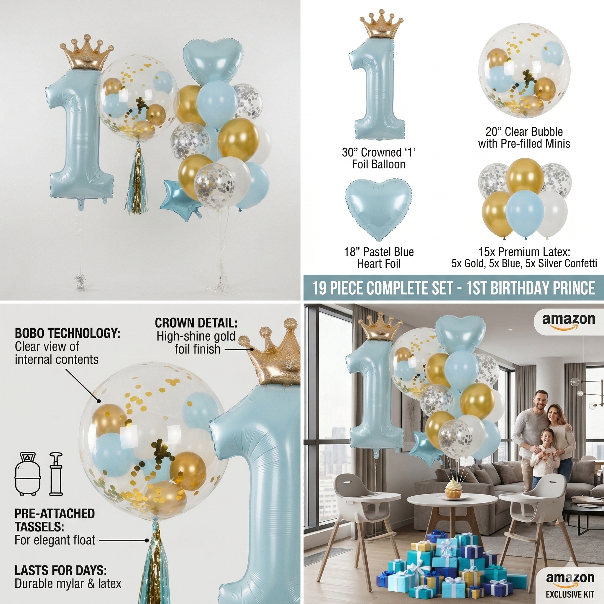 Luxury Blue & Gold First Birthday Balloon Set for Boys - 25pc Prince Theme_4