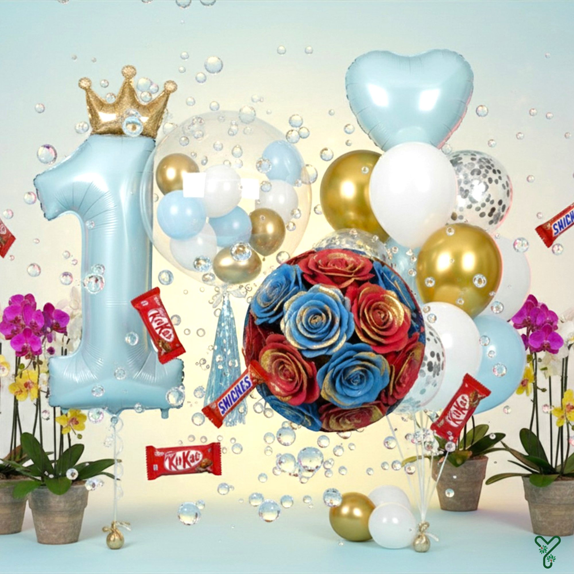 Luxury Blue & Gold First Birthday Balloon Set for Boys - 25pc Prince Theme