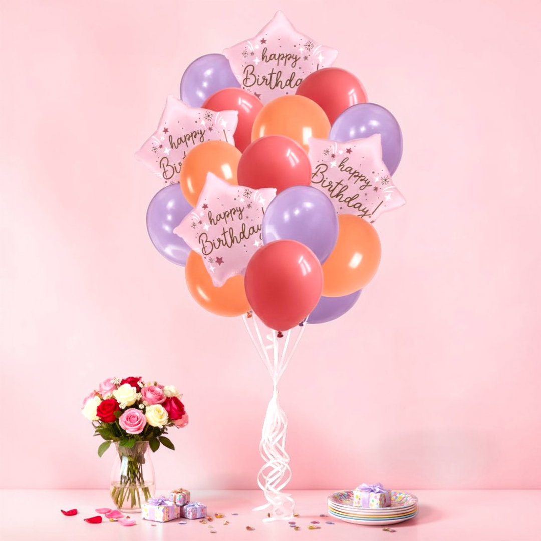 Happy Birthday Balloon Bouquet Peach Set - 4 Premium 18" Star Foil Balloons & 12 Durable Latex Balloons (Red, Orange, Violet) - Professional Party Decoration Kit for Kids & Adults 16pcs 