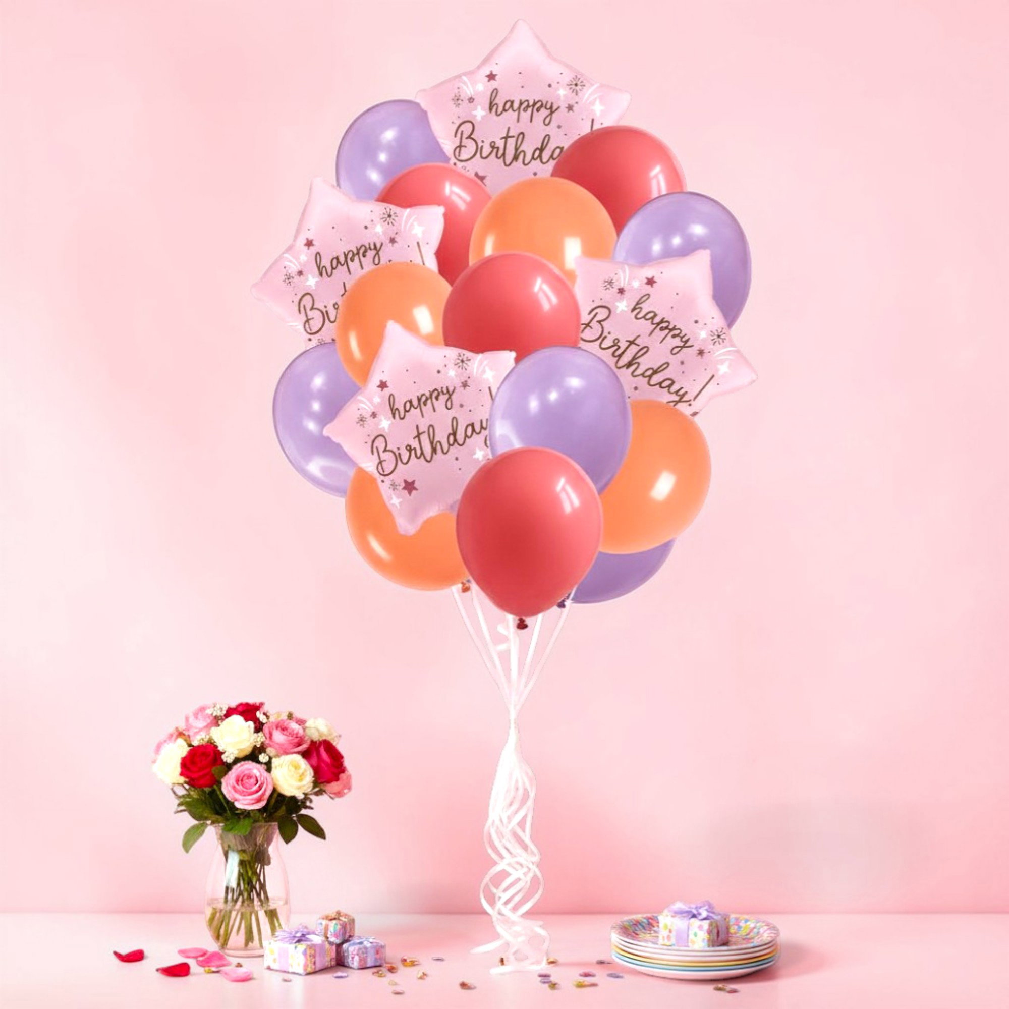 Happy Birthday Balloon Bouquet Peach Set - 4 Premium 18" Star Foil Balloons & 12 Durable Latex Balloons (Red, Orange, Violet) - Professional Party Decoration Kit for Kids & Adults 16pcs _0