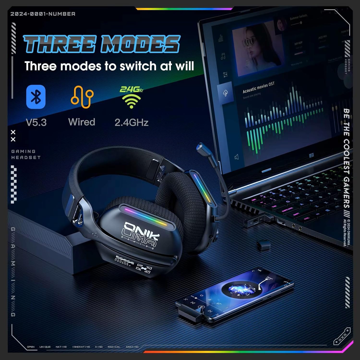  Fone de ouvido para  Gaming sem fio (BT v5.3 + 2.4G + com fio) para PS5, PC, PS4, Nintendo Switch, com cancelamento de ruído._1