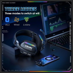  Fone de ouvido para  Gaming sem fio (BT v5.3 + 2.4G + com fio) para PS5, PC, PS4, Nintendo Switch, com cancelamento de ruído.