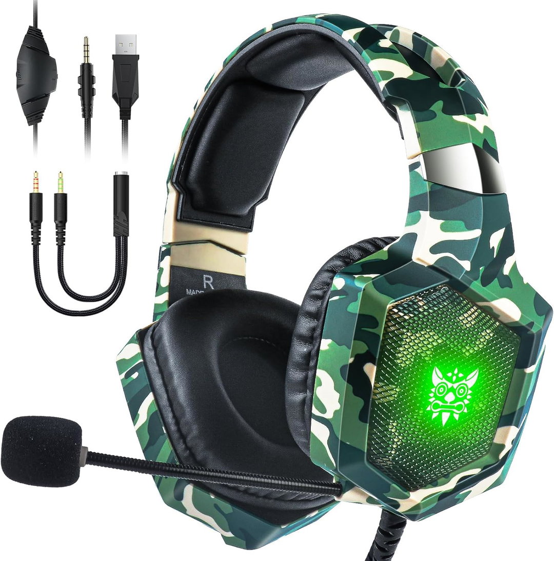 Fone de ouvido gamer FH Onikuma K8 com microfone, luzes de LED, som surround 7.1 com redução de ruído para PS4, PS5, Xbox One e PC - Verde Camuflado