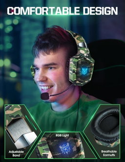 Fone de ouvido gamer FH Onikuma K8 com microfone, luzes de LED, som surround 7.1 com redução de ruído para PS4, PS5, Xbox One e PC - Verde Camuflado