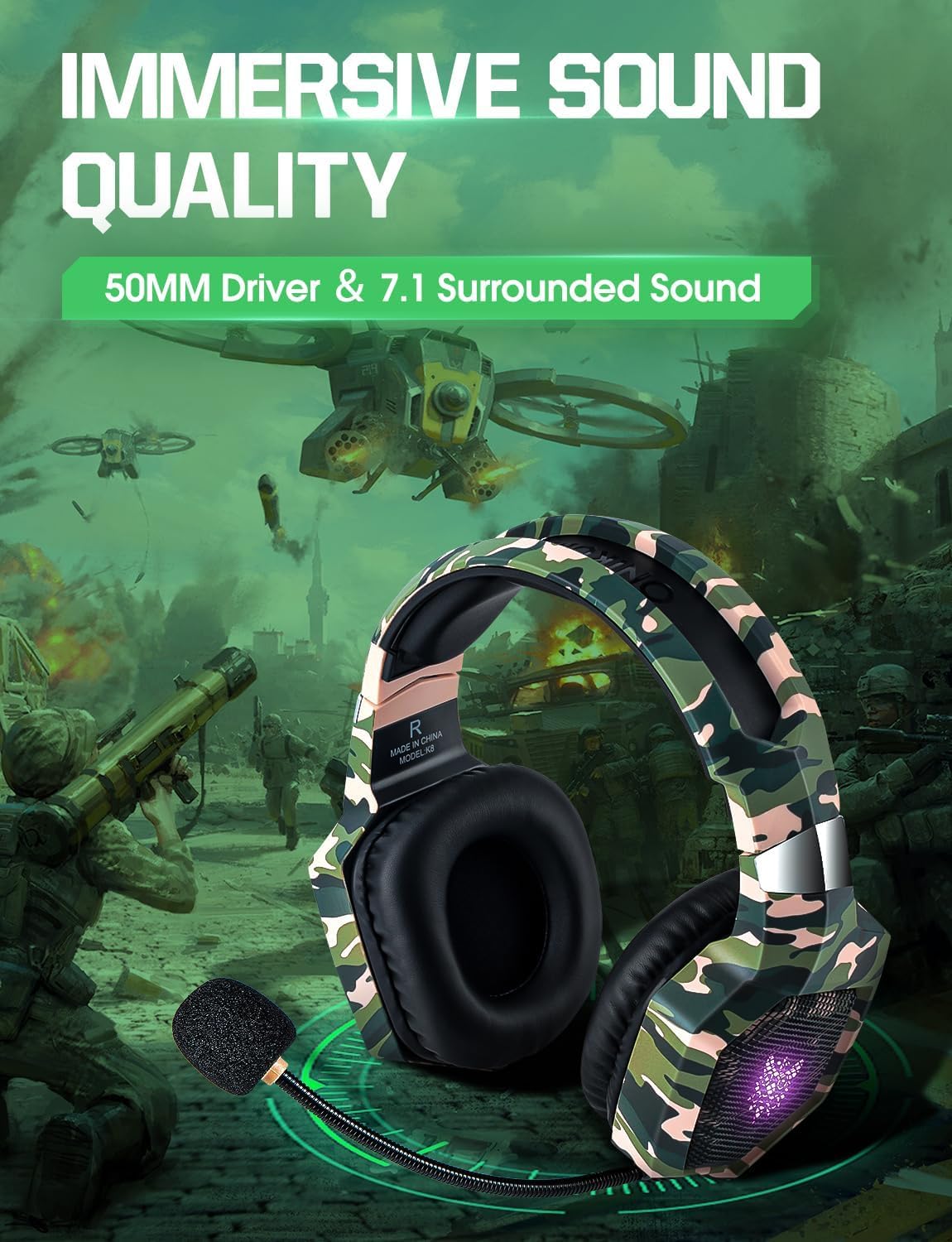 Fone de ouvido gamer FH Onikuma K8 com microfone, luzes de LED, som surround 7.1 com redução de ruído para PS4, PS5, Xbox One e PC - Verde Camuflado_2