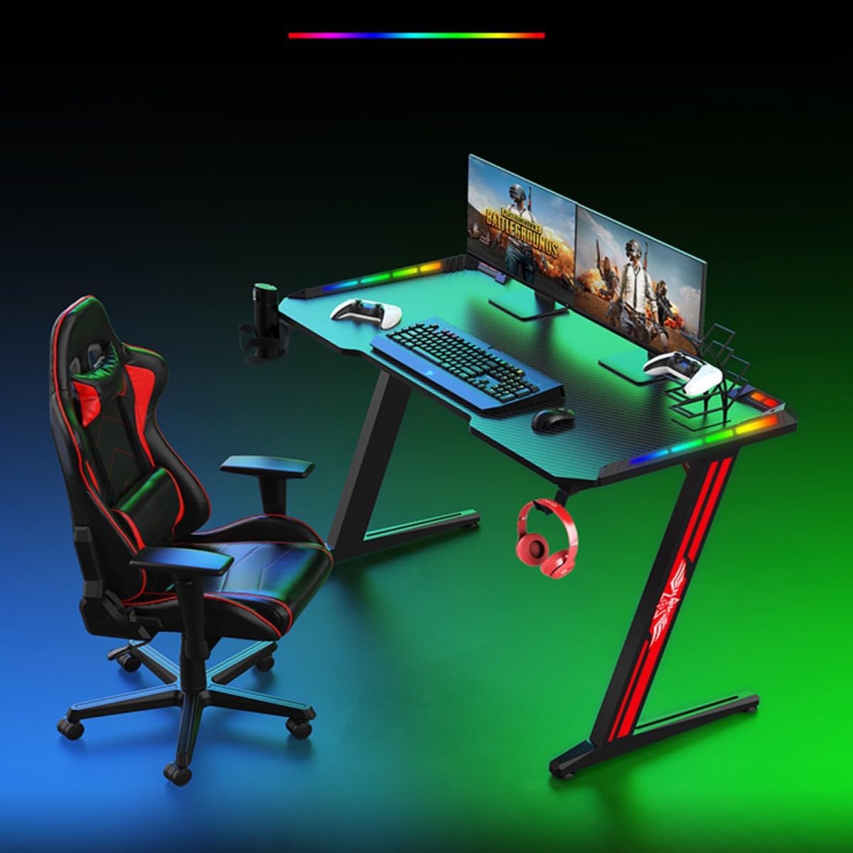 Mesa Gamer em Formato de Z com Suporte para Copos e Gancho para Fones de Ouvido, Mesa Ergonômica para Computador/Escritório Doméstico, Mesa Gamer Moderna com Iluminação LED RGB (127x60x73cm)_1
