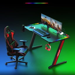 Mesa Gamer em Formato de Z com Suporte para Copos e Gancho para Fones de Ouvido, Mesa Ergonômica para Computador/Escritório Doméstico, Mesa Gamer Moderna com Iluminação LED RGB (127x60x73cm)
