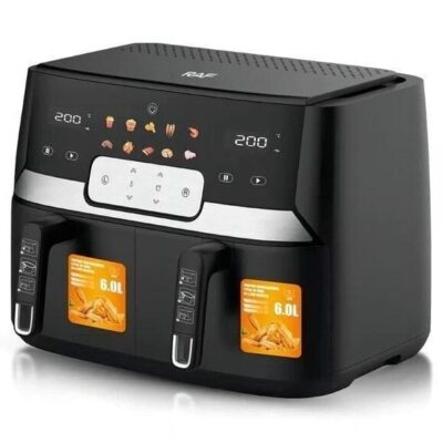 RAF 12Liters Digital Air Fryer Cooker Dual Baskets, Stainless Steel, Non-stick Touch Screen, LCD Display, Adjustable Temperature Control – 1 Year Warranty
