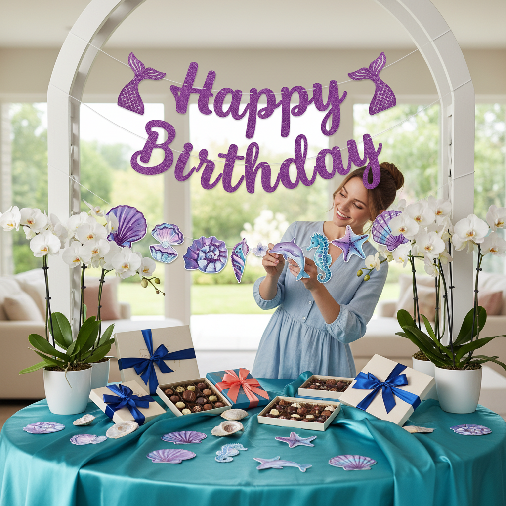 Happy Birthday Backdrop–Purple Glitter Mermaid Tails, Seahorse, & Seashell Cutouts_1