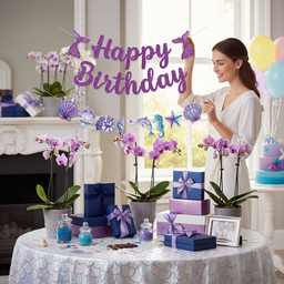Happy Birthday Backdrop–Purple Glitter Mermaid Tails, Seahorse, & Seashell Cutouts