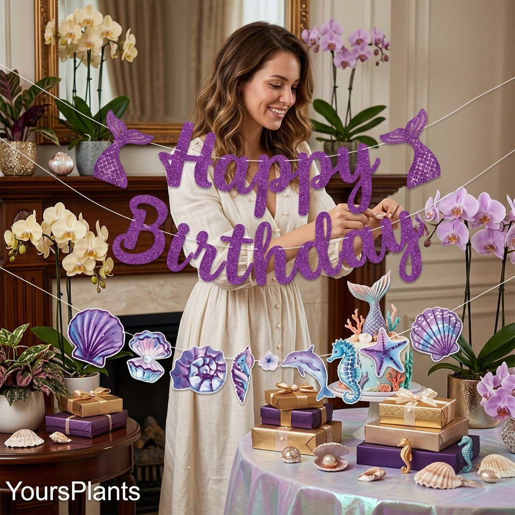 Happy Birthday Backdrop–Purple Glitter Mermaid Tails, Seahorse, & Seashell Cutouts