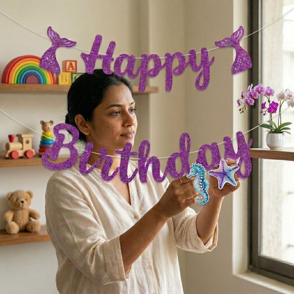 Happy Birthday Backdrop–Purple Glitter Mermaid Tails, Seahorse, & Seashell Cutouts_5