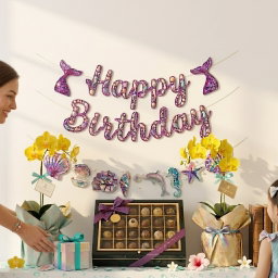 Happy Birthday Backdrop–Purple Glitter Mermaid Tails, Seahorse, & Seashell Cutouts
