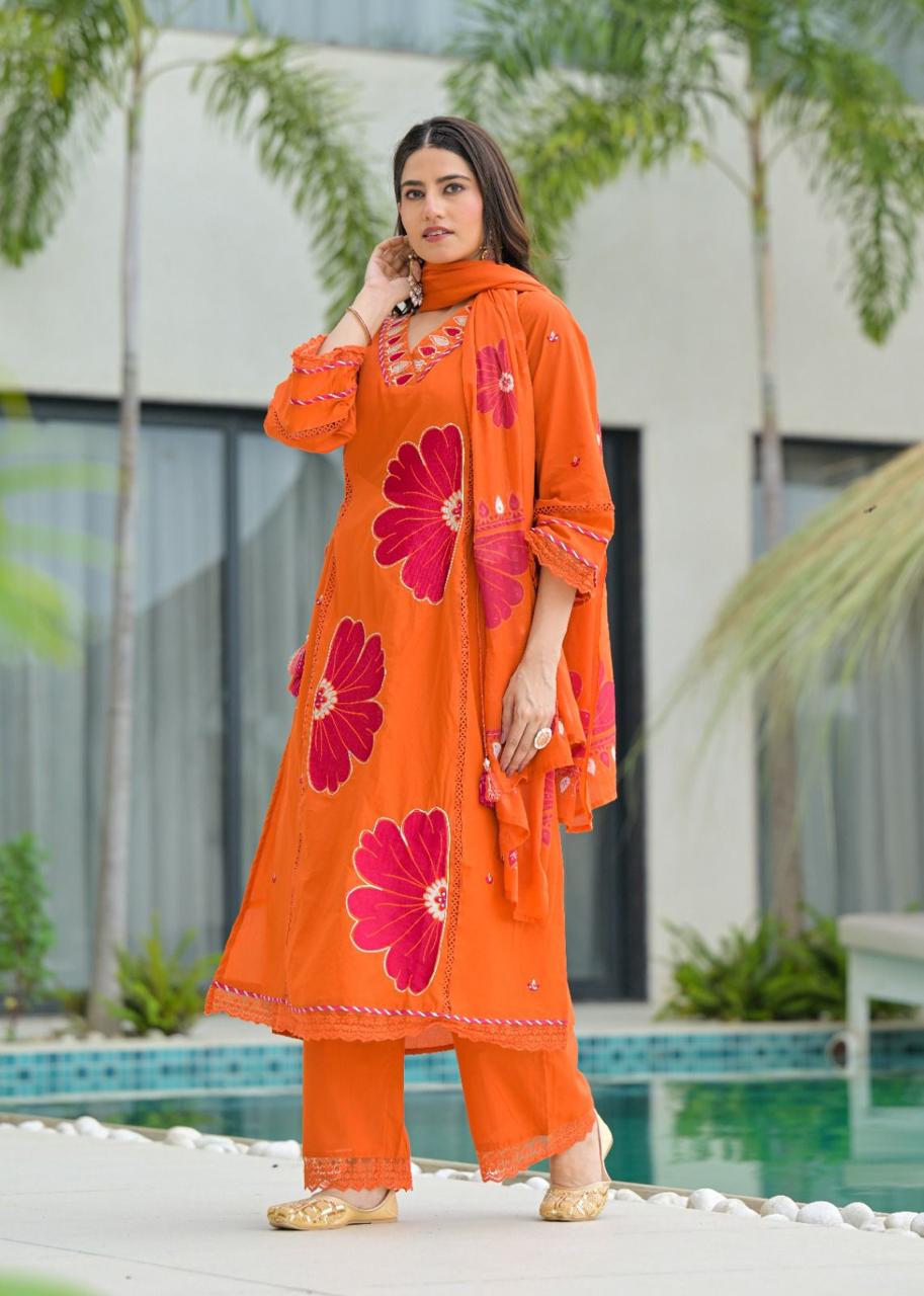 Orange Pure Cotton Kurta Set with Bold Applique Work
