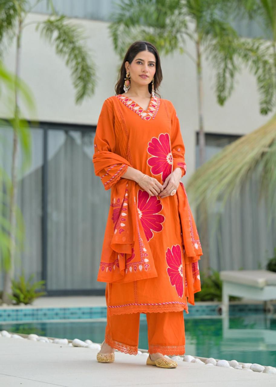 Orange Pure Cotton Kurta Set with Bold Applique Work _2