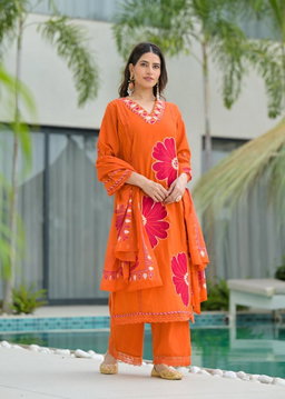 Orange Pure Cotton Kurta Set with Bold Applique Work 