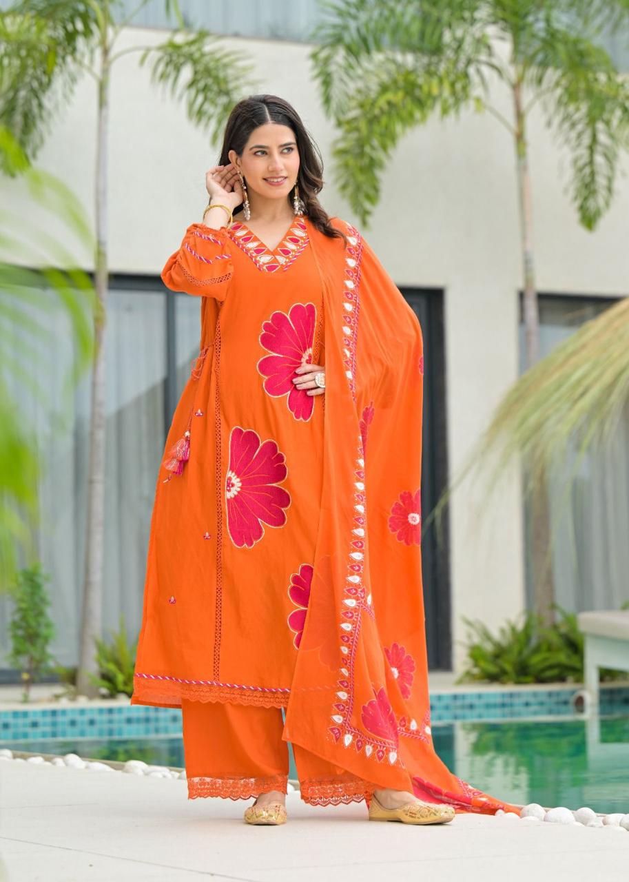 Orange Pure Cotton Kurta Set with Bold Applique Work _1