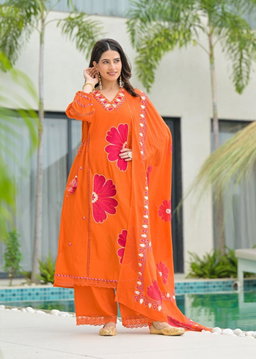 Orange Pure Cotton Kurta Set with Bold Applique Work 