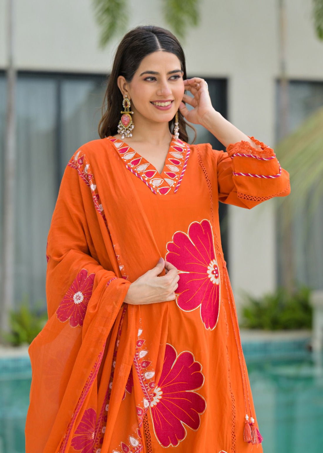 Orange Pure Cotton Kurta Set with Bold Applique Work _3