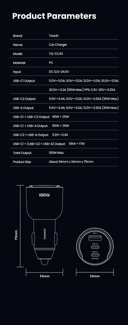 Toocki New Arrival PD 100W 2Type c +1 USB port portable