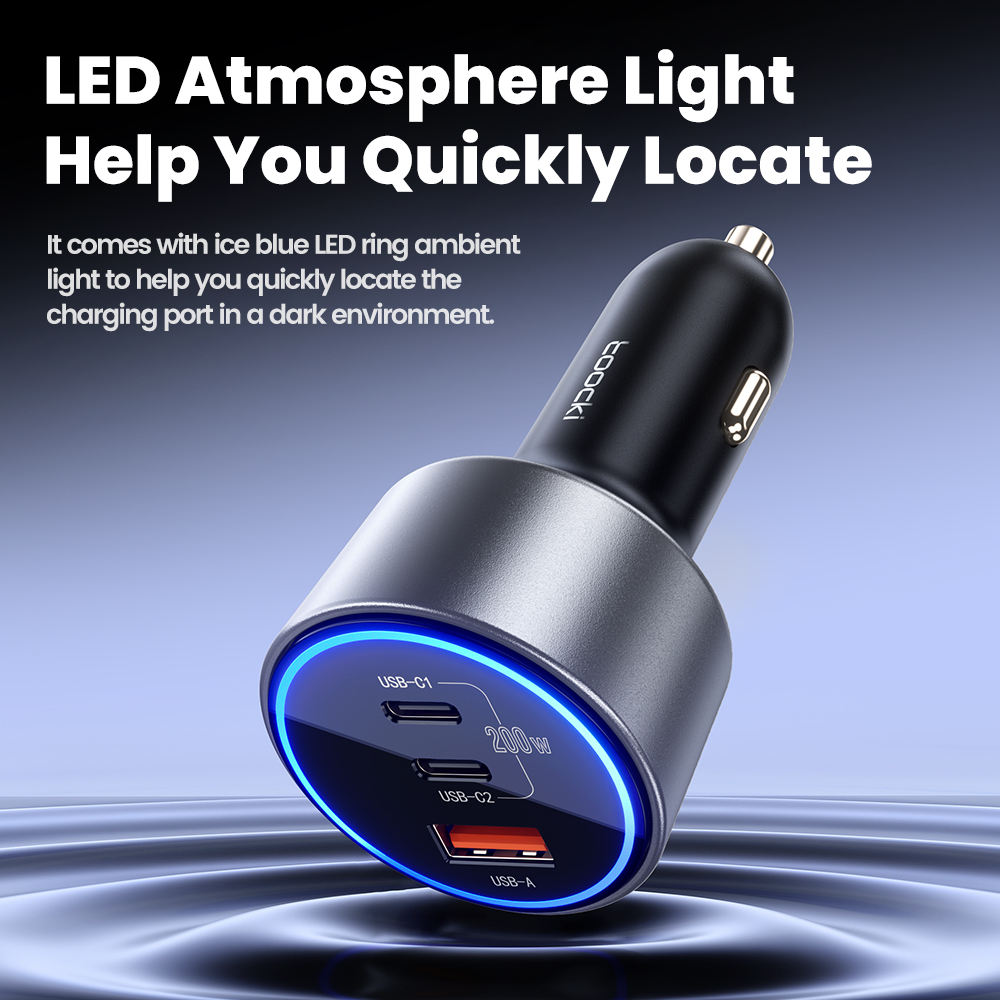 Toocki 200W Max Car Charger 3 Ports 2USB-C 1USB-A with LED Display_11