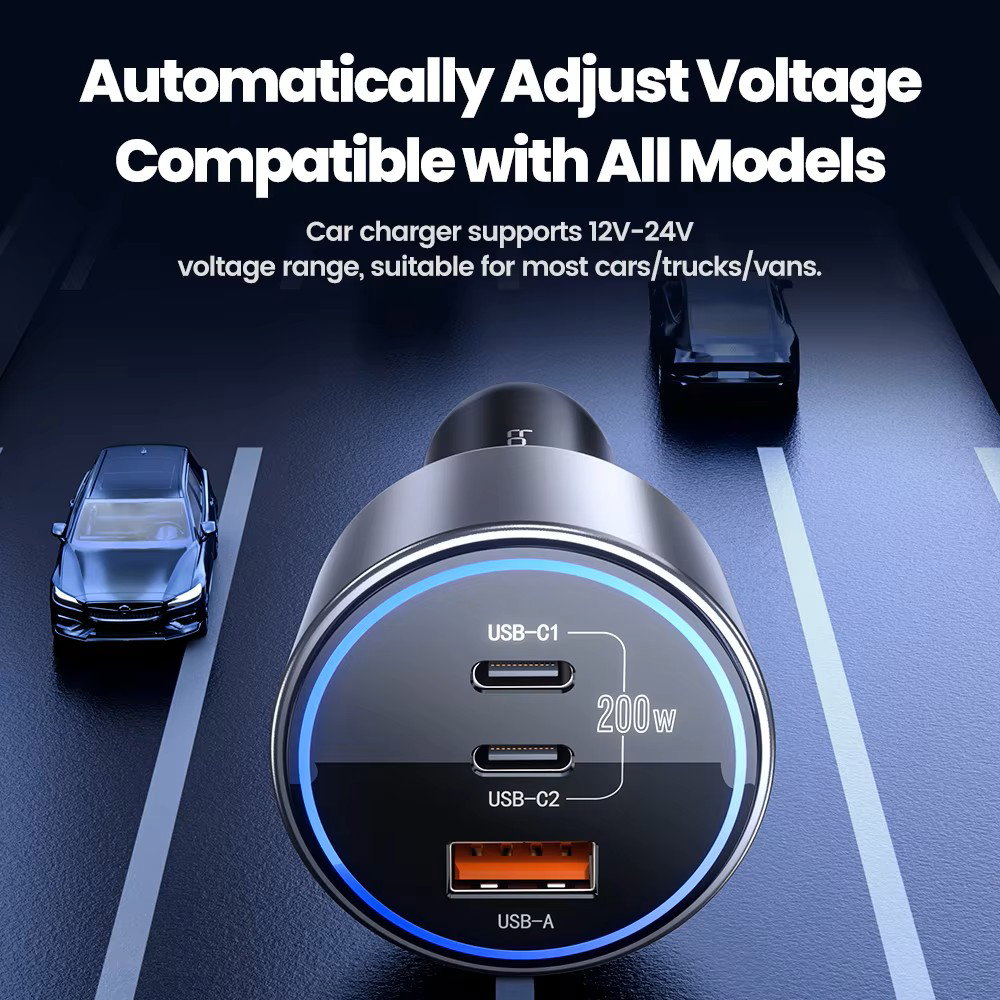 Toocki 200W Max Car Charger 3 Ports 2USB-C 1USB-A with LED Display_7