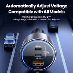 Toocki 200W Max Car Charger 3 Ports 2USB-C 1USB-A with LED Display