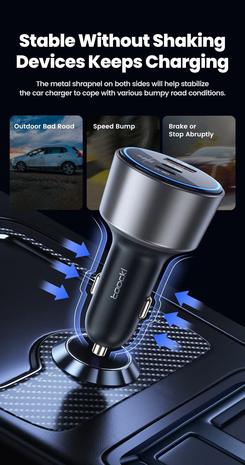 Toocki 200W Max Car Charger 3 Ports 2USB-C 1USB-A with LED Display_9