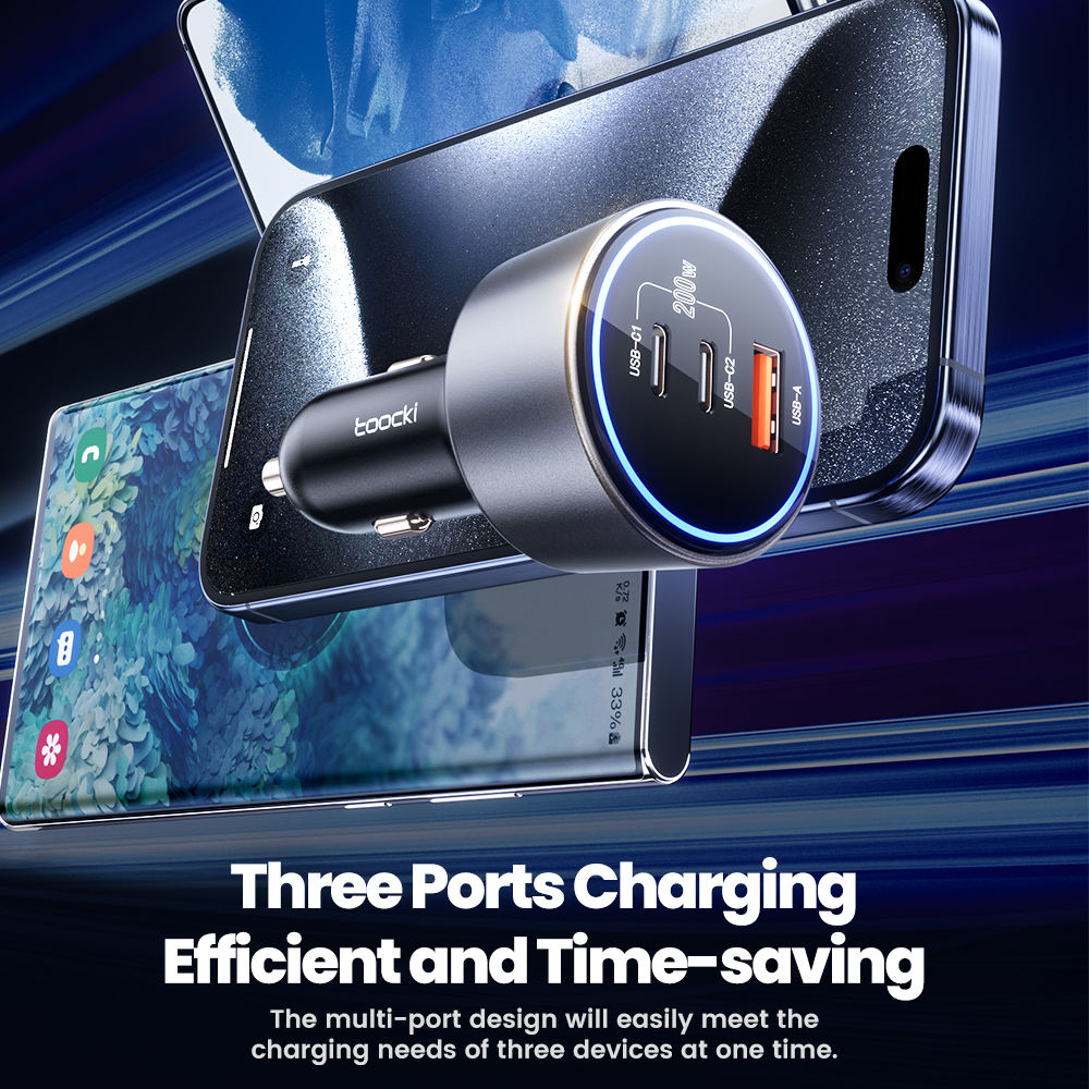 Toocki 200W Max Car Charger 3 Ports 2USB-C 1USB-A with LED Display_10