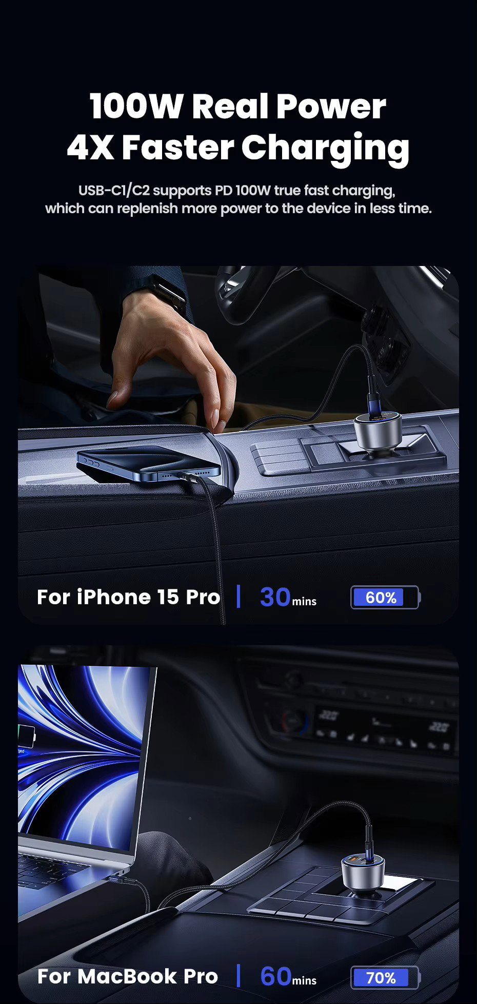 Toocki 200W Max Car Charger 3 Ports 2USB-C 1USB-A with LED Display_3