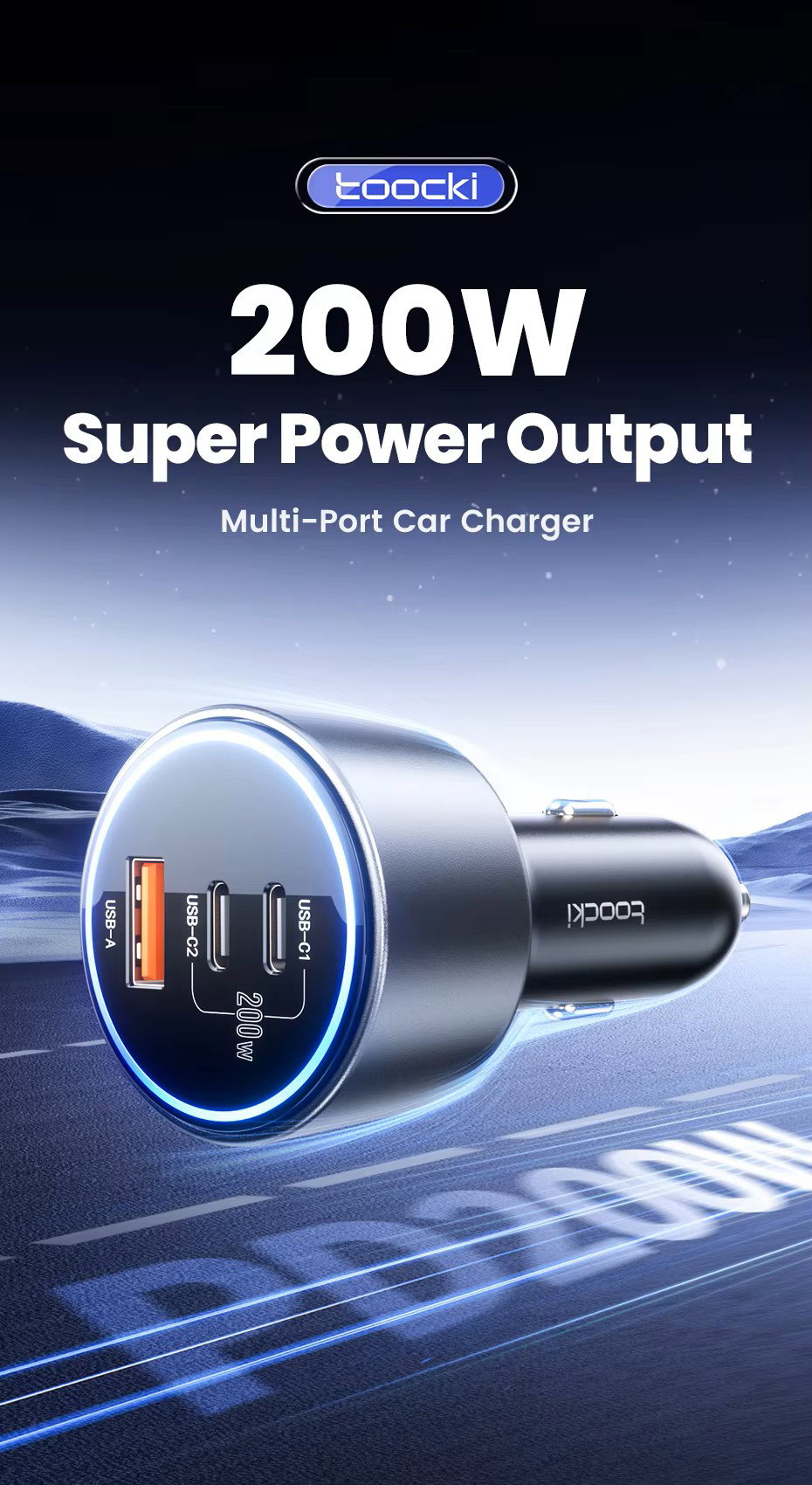 Toocki 200W Max Car Charger 3 Ports 2USB-C 1USB-A with LED Display_1