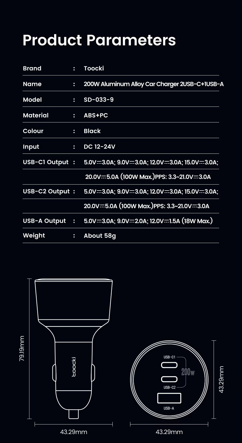 Toocki 200W Max Car Charger 3 Ports 2USB-C 1USB-A with LED Display_4