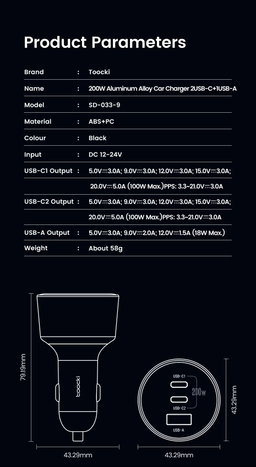 Toocki 200W Max Car Charger 3 Ports 2USB-C 1USB-A with LED Display