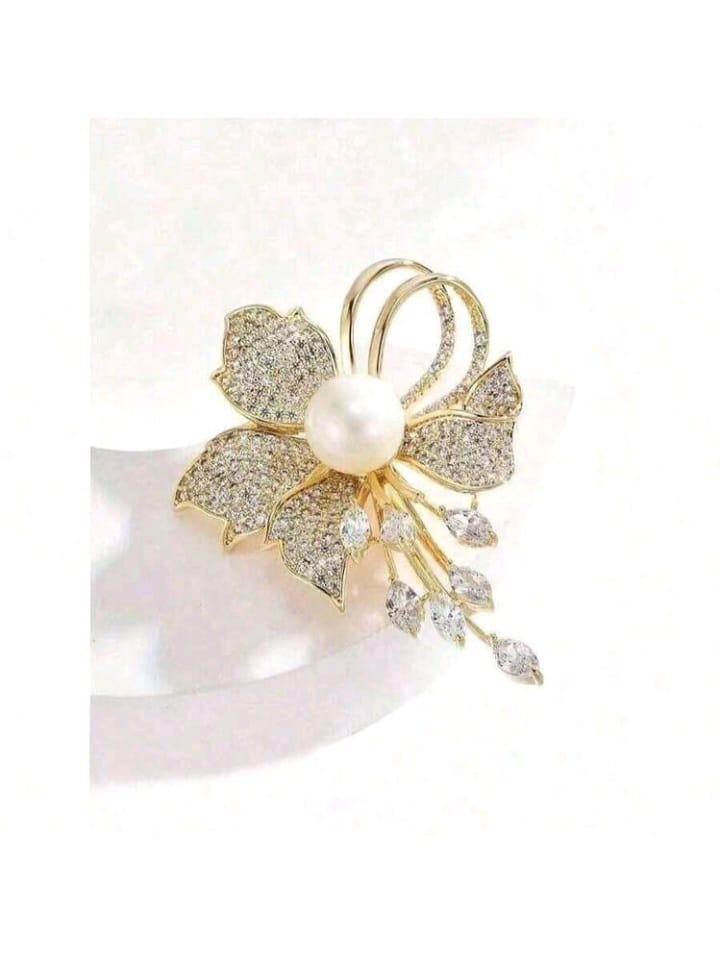 Broche fleur de prestige – Perle nacrée & cristaux scintillants_4
