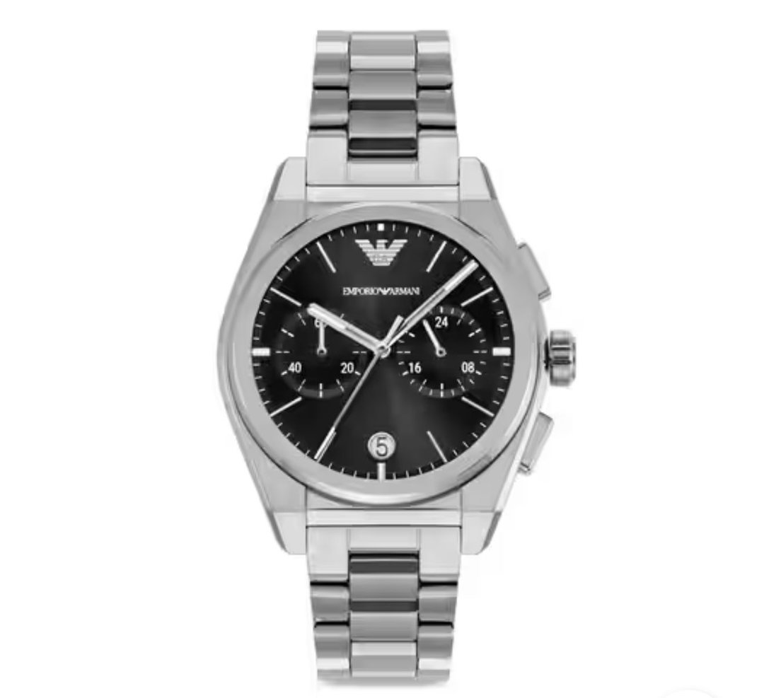 Armani Stainless Steel Watch with Black Chronograph Dial