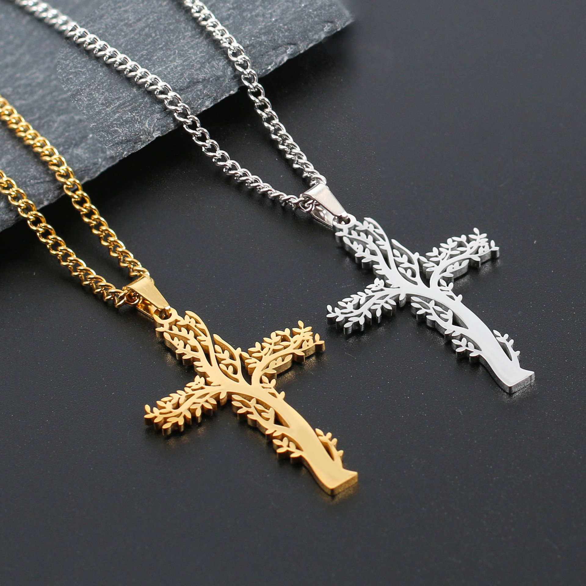 Collier Croix en Acier Inoxydable pour Femme et Homme, Plaqué Or et Noir, Géométrique Creux, Style Hip Hop, Bijoux Religieux pour Couples_1