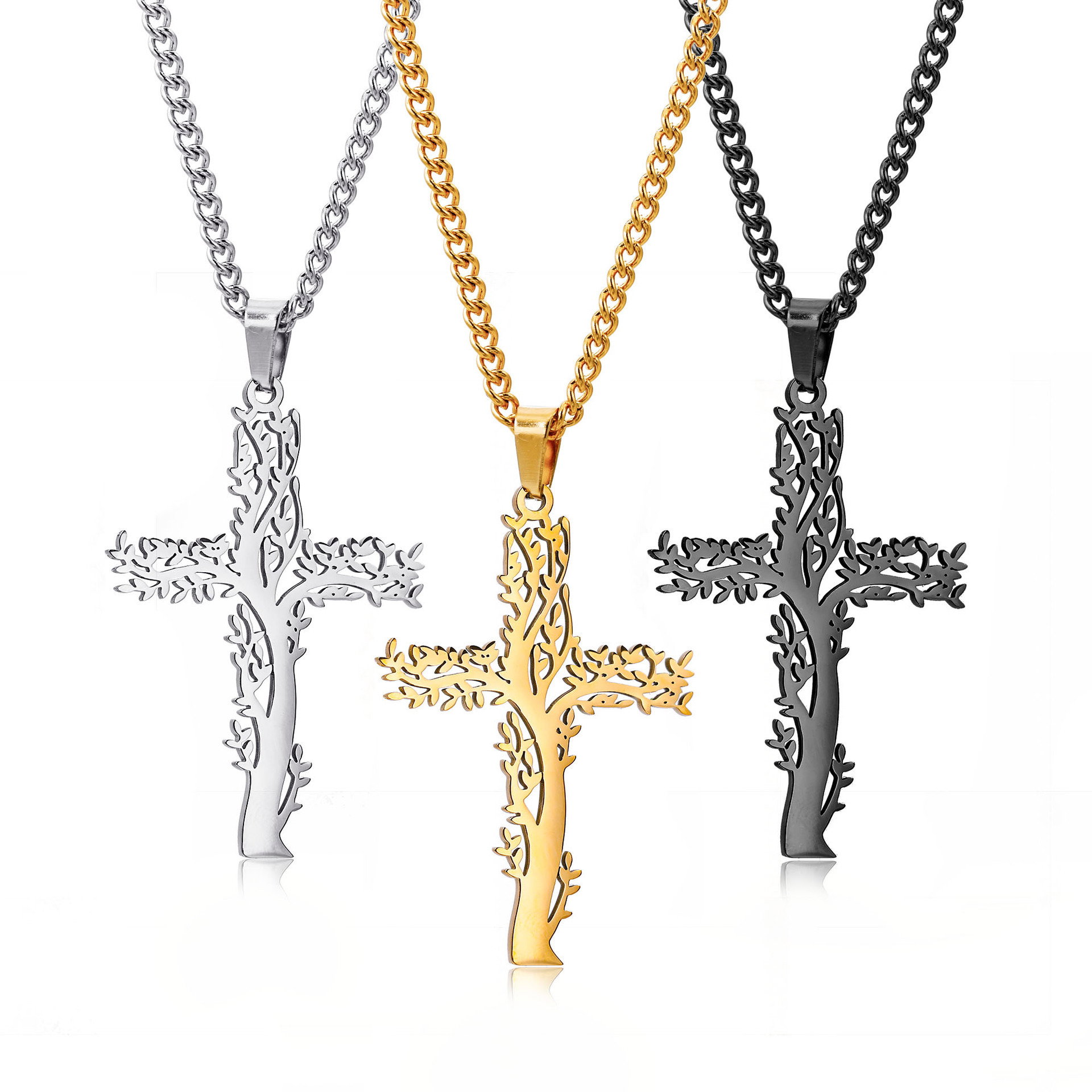 Collier Croix en Acier Inoxydable pour Femme et Homme, Plaqué Or et Noir, Géométrique Creux, Style Hip Hop, Bijoux Religieux pour Couples_3