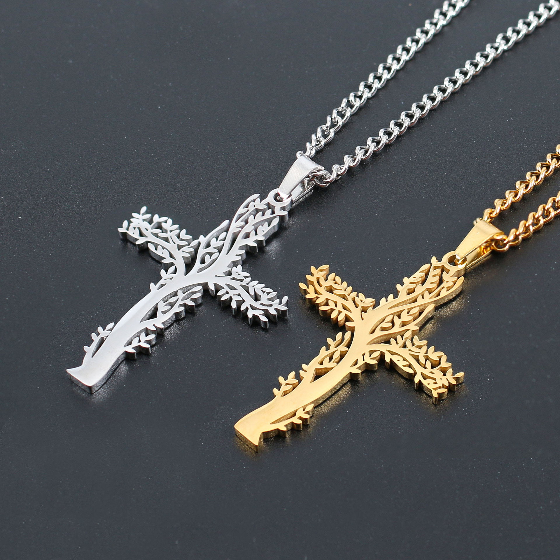 Collier Croix en Acier Inoxydable pour Femme et Homme, Plaqué Or et Noir, Géométrique Creux, Style Hip Hop, Bijoux Religieux pour Couples_5