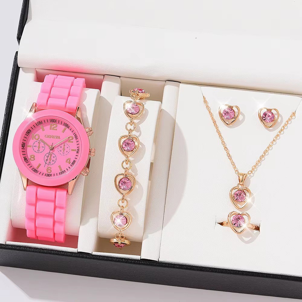 Nouvelle Mode Prix Bas Montre Décontractée à Quartz pour Femmes Ensemble Cadeau Bijoux Bracelet 5 Pièces pour Femmes Montre-Bracelet à Bracelet en Silicone Reloj