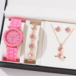 Nouvelle Mode Prix Bas Montre Décontractée à Quartz pour Femmes Ensemble Cadeau Bijoux Bracelet 5 Pièces pour Femmes Montre-Bracelet à Bracelet en Silicone Reloj