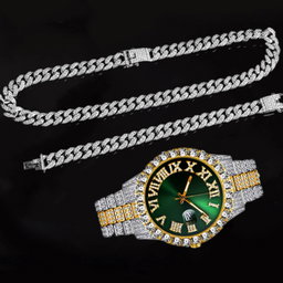 Ensemble de bijoux hip-hop pour hommes avec montre à quartz entièrement sertie de strass - Comprend un collier, un bracelet et un choker sport tendance en alliage