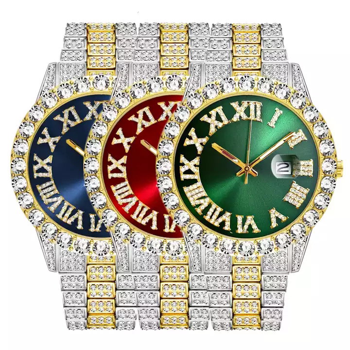 Ensemble de bijoux hip-hop pour hommes avec montre à quartz entièrement sertie de strass - Comprend un collier, un bracelet et un choker sport tendance en alliage_4