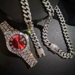 Ensemble de bijoux hip-hop pour hommes avec montre à quartz entièrement sertie de strass - Comprend un collier, un bracelet et un choker sport tendance en alliage