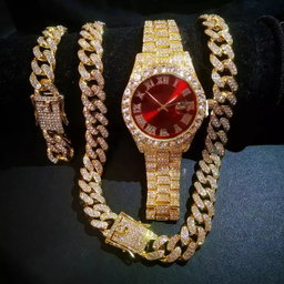 Ensemble de bijoux hip-hop pour hommes avec montre à quartz entièrement sertie de strass - Comprend un collier, un bracelet et un choker sport tendance en alliage